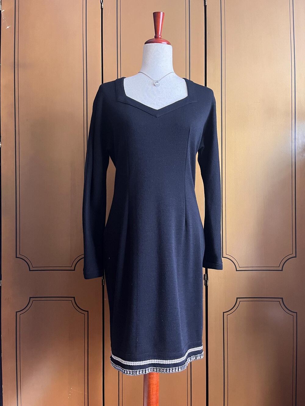 Vintage little black dress in wool with crystal hem, size 6